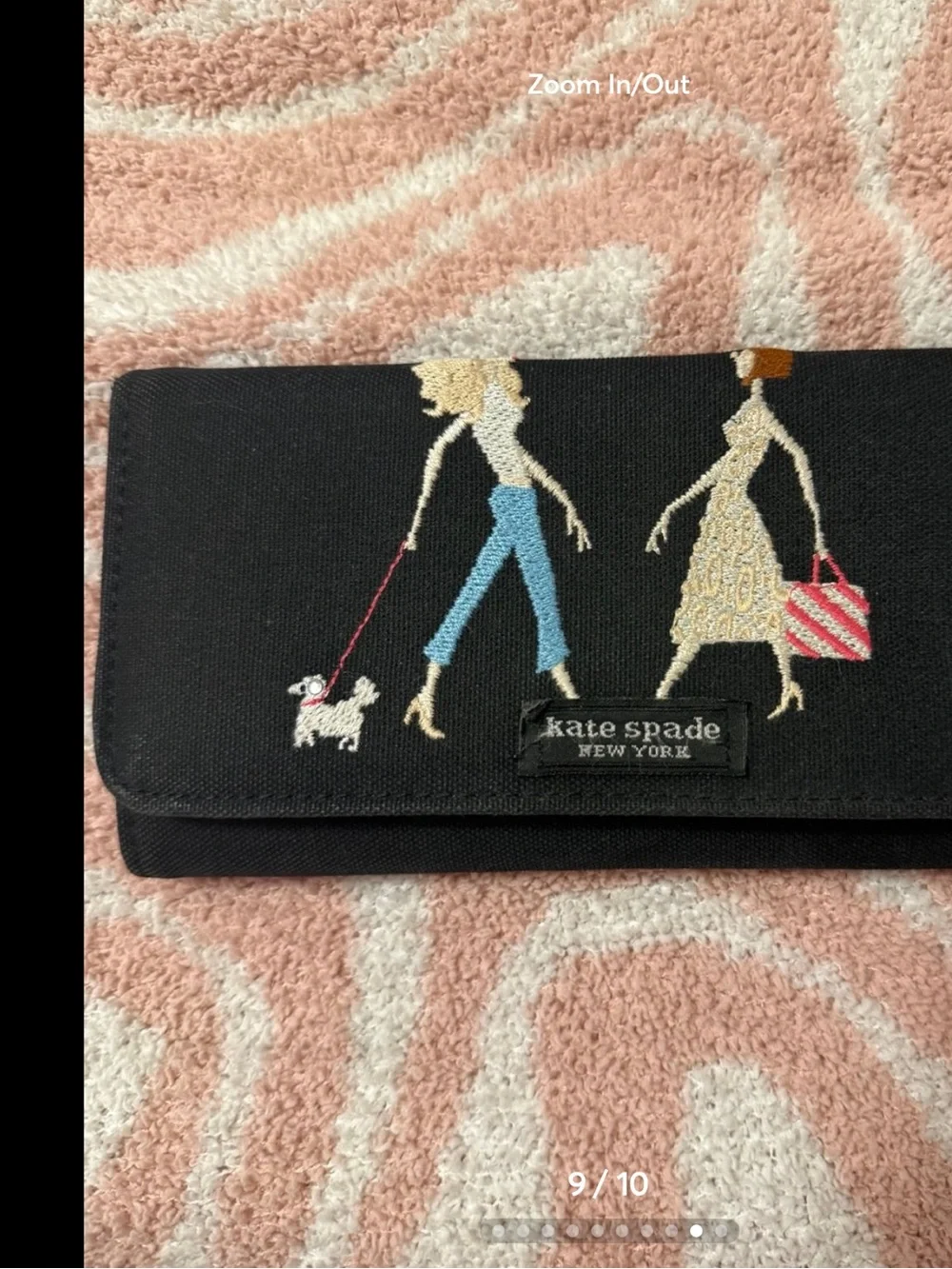 Kate Spade Rare Black Embroidered Women & Dog Card Holder with Pink Striped Tote